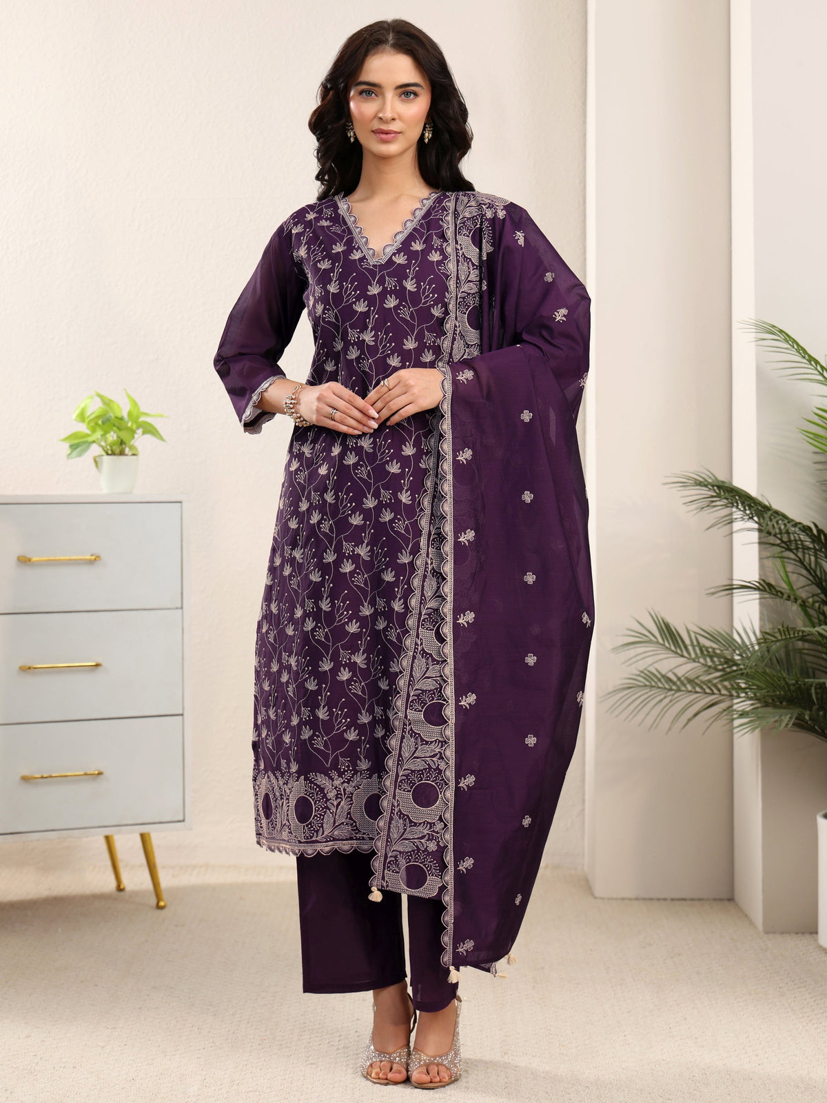 Anouk Aubergine Purple Embroidered Chanderi Silk Straight Suit Set
