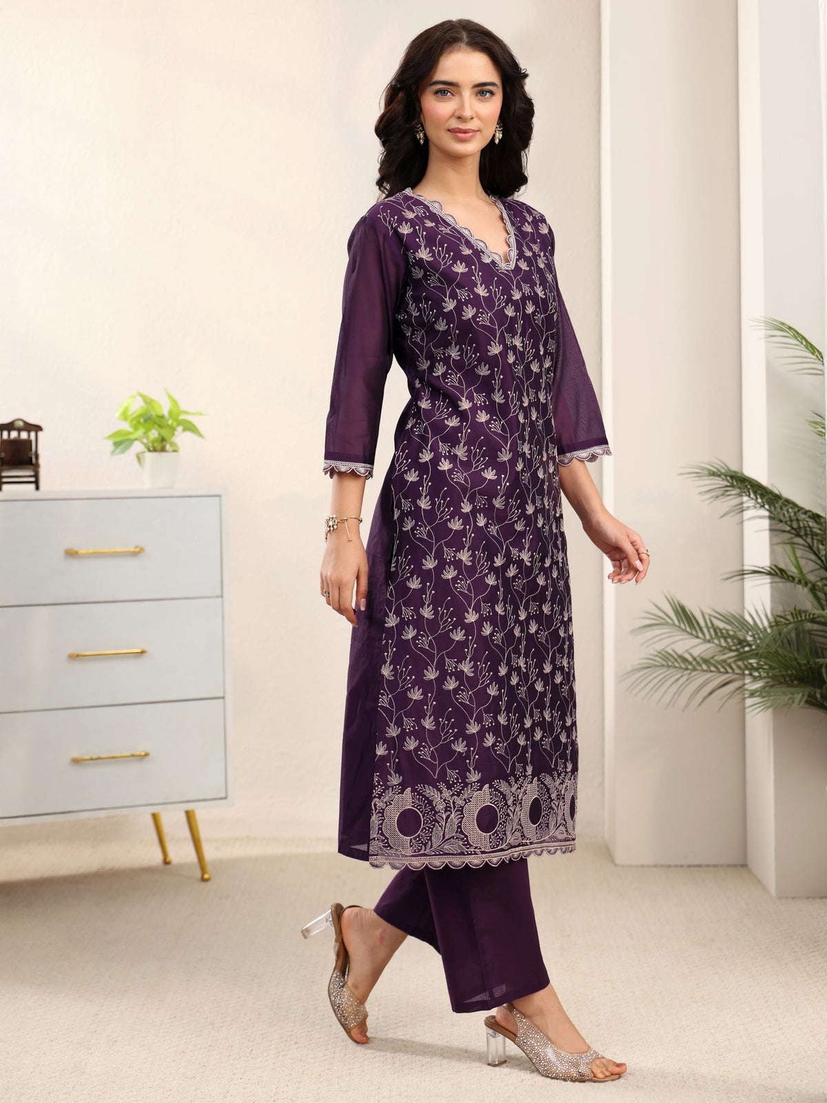Anouk Aubergine Purple Embroidered Chanderi Silk Straight Suit Set