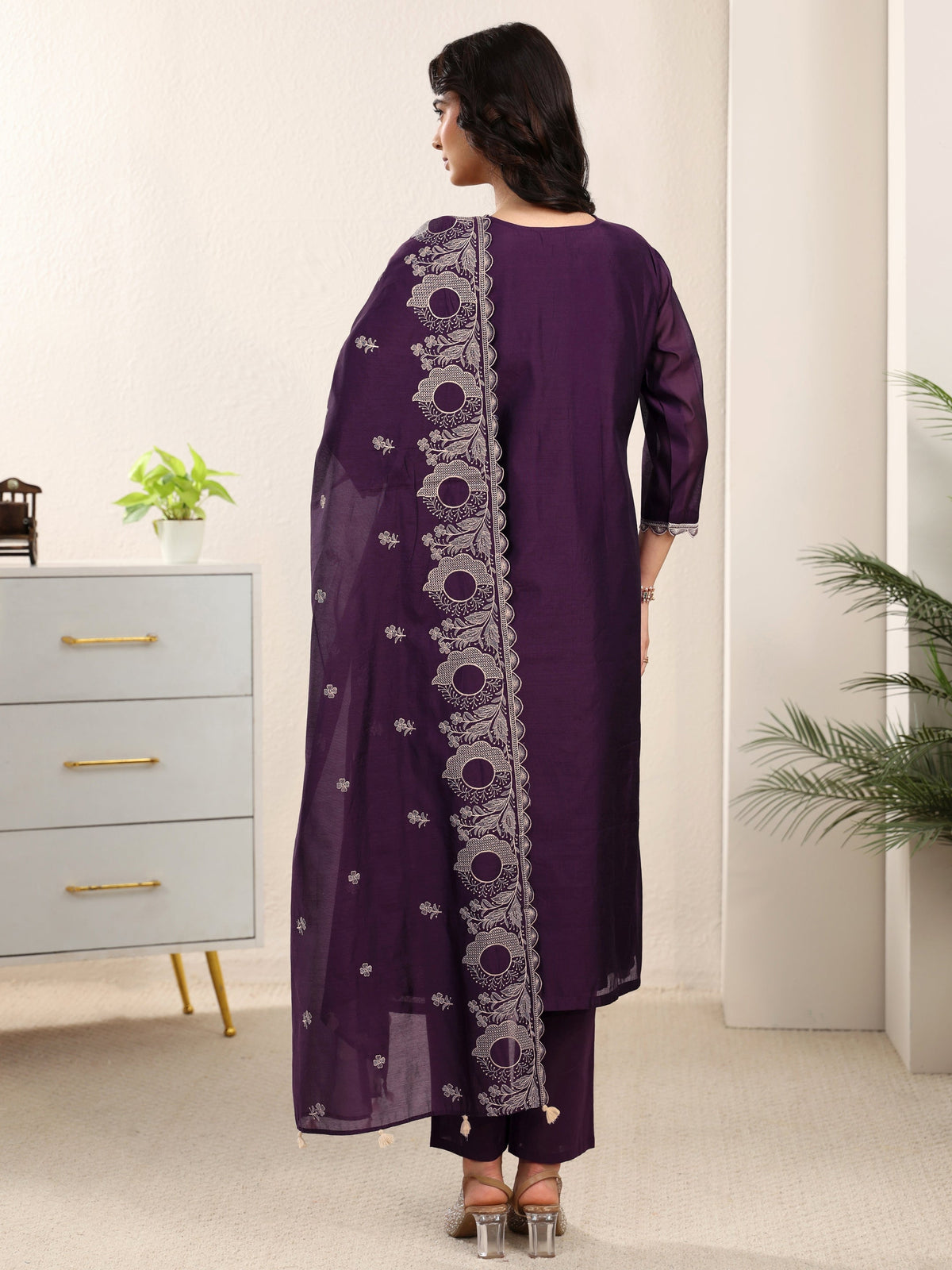 Anouk Aubergine Purple Embroidered Chanderi Silk Straight Suit Set
