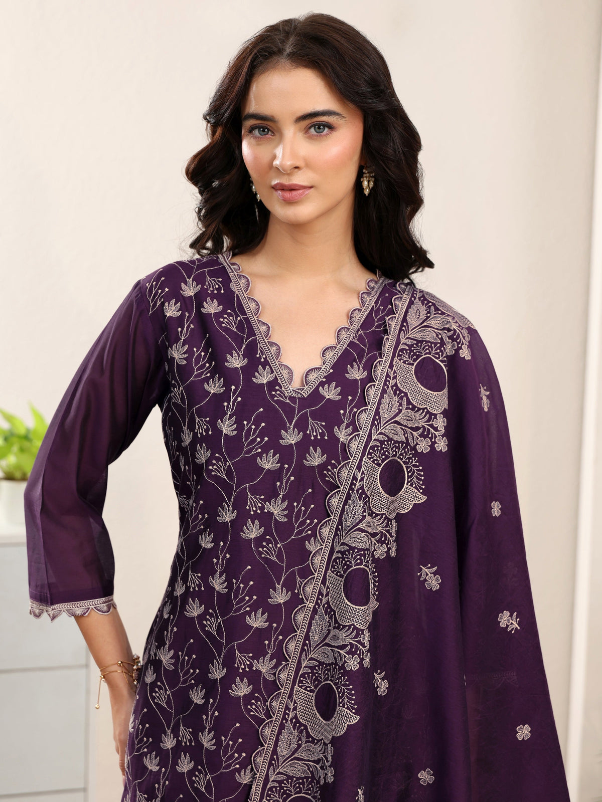 Anouk Aubergine Purple Embroidered Chanderi Silk Straight Suit Set