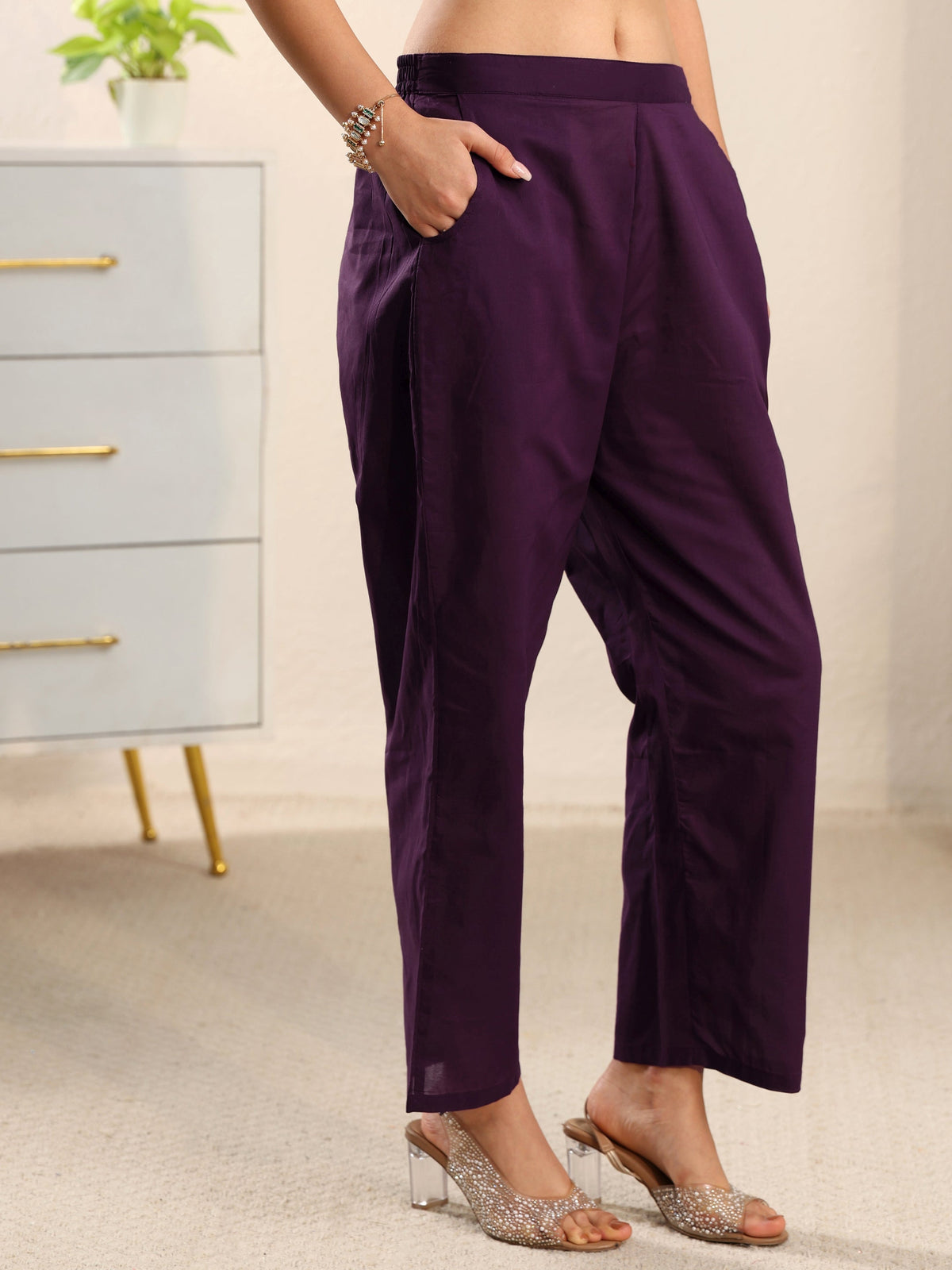 Anouk Aubergine Purple Embroidered Chanderi Silk Straight Suit Set