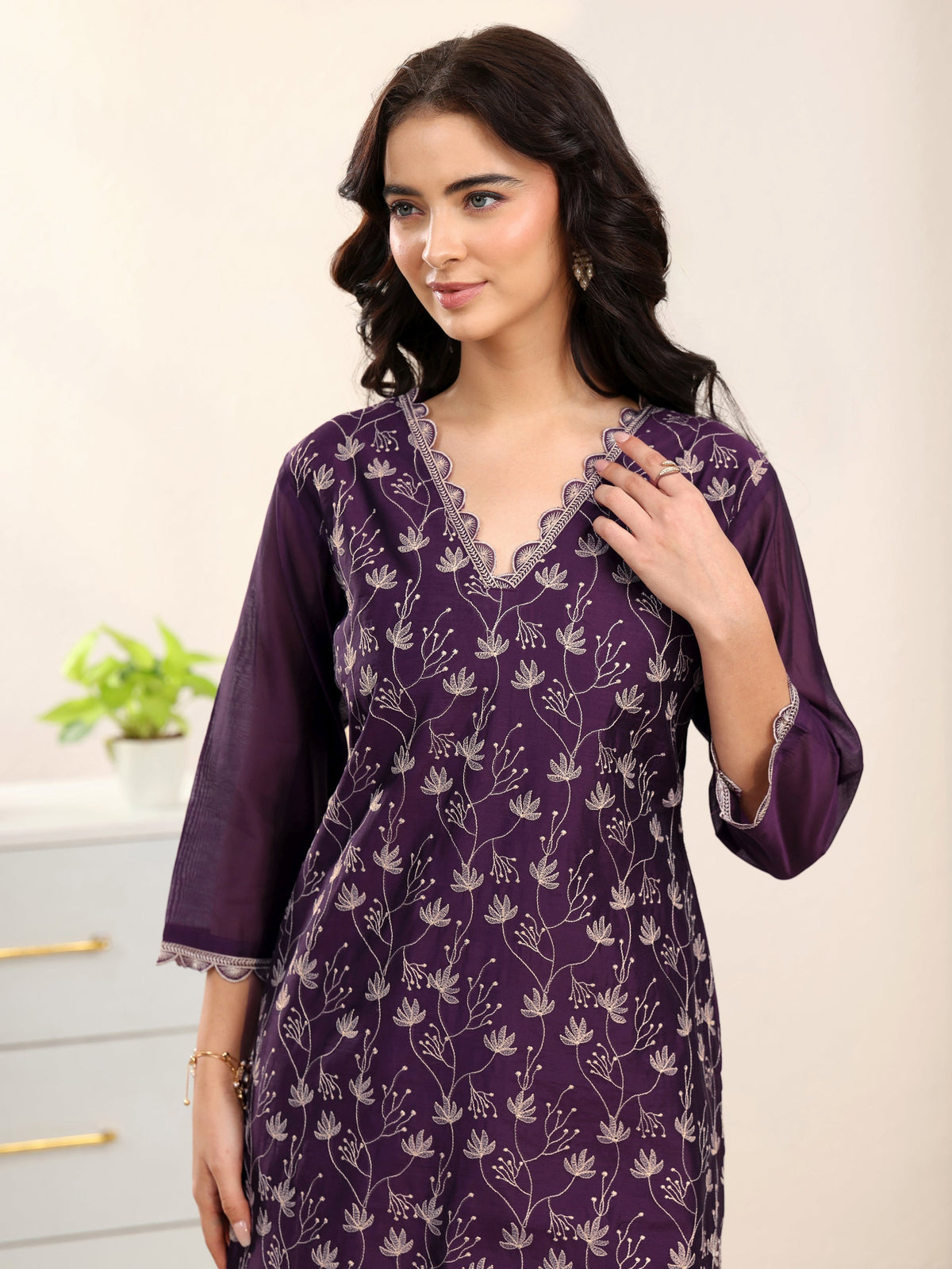 Anouk Aubergine Purple Embroidered Chanderi Silk Straight Suit Set