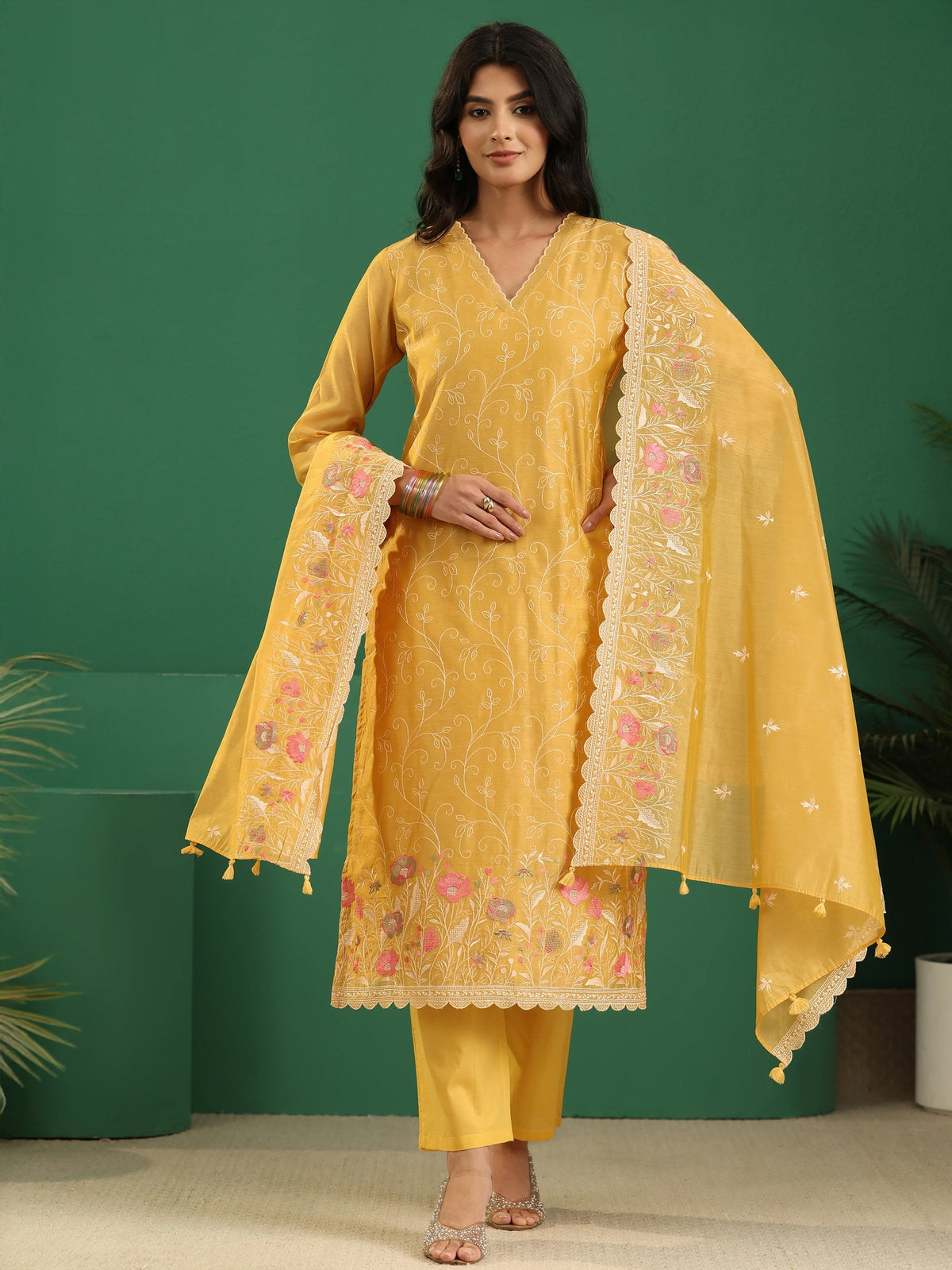 Anouk Yellow Floral Embroidered Chanderi Silk Straight Suit Set