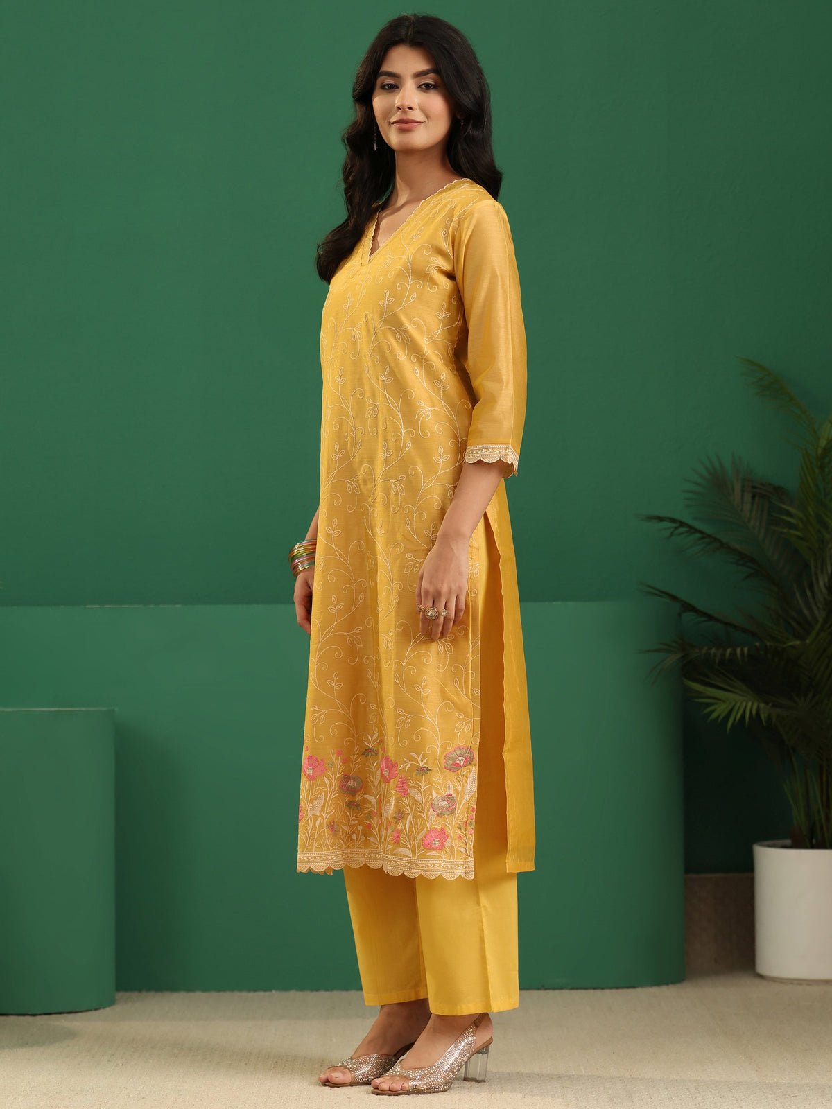 Anouk Yellow Floral Embroidered Chanderi Silk Straight Suit Set