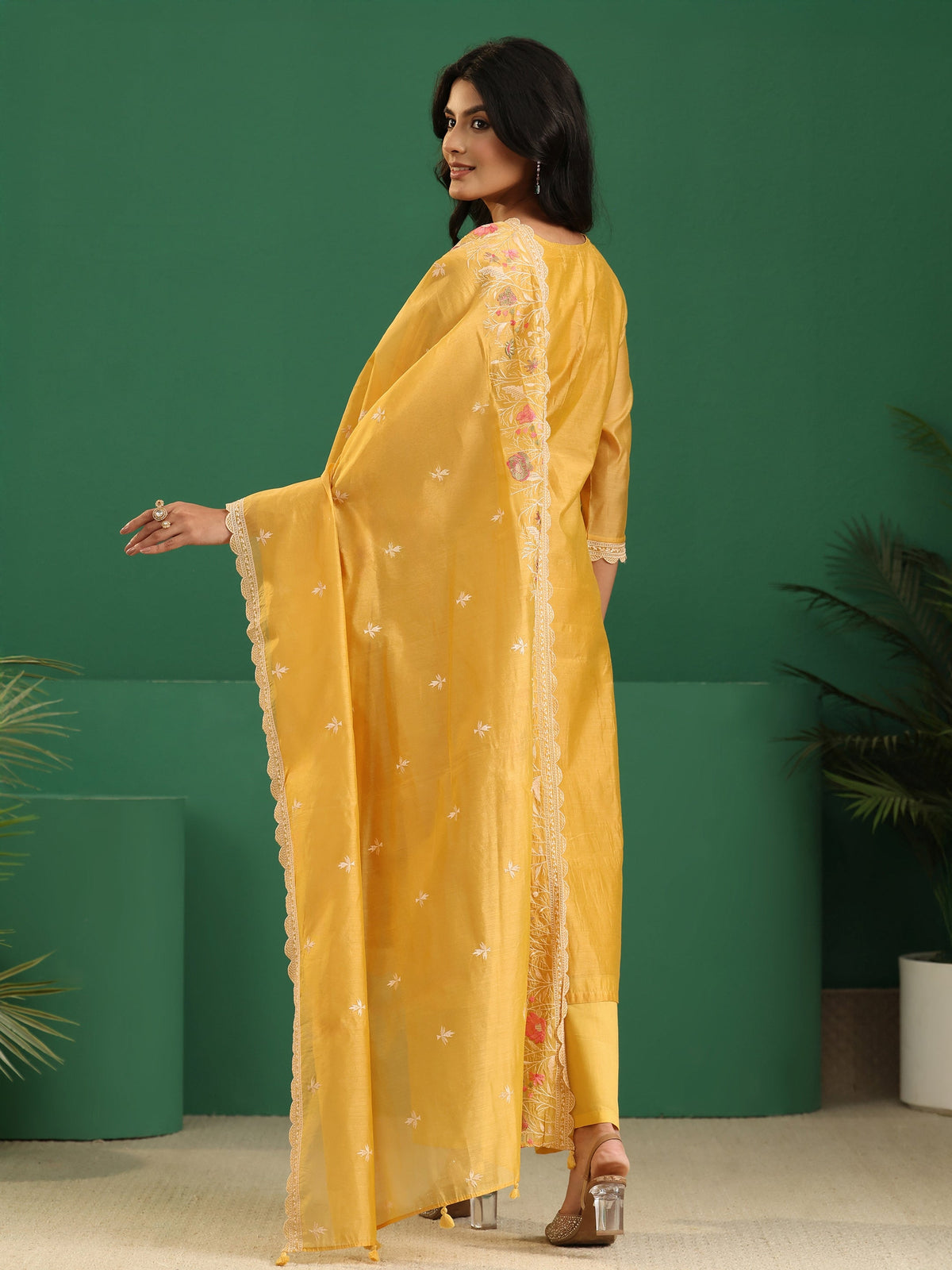 Anouk Yellow Floral Embroidered Chanderi Silk Straight Suit Set