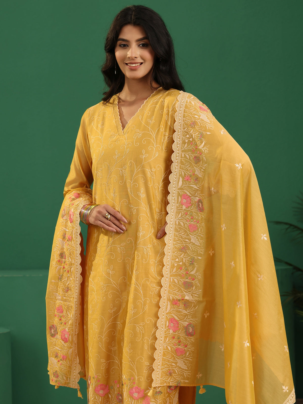 Anouk Yellow Floral Embroidered Chanderi Silk Straight Suit Set