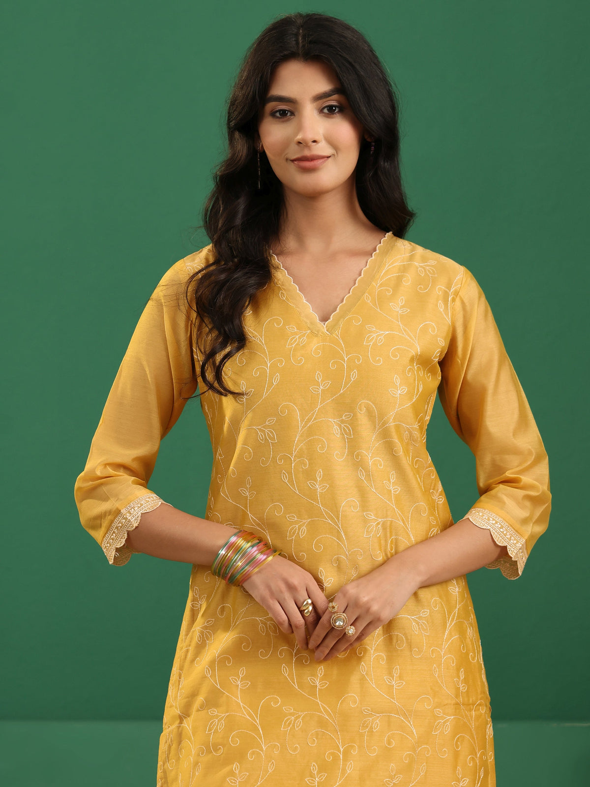 Anouk Yellow Floral Embroidered Chanderi Silk Straight Suit Set