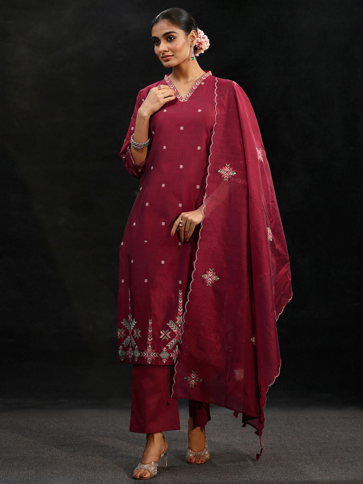 Anouk Maroon Red Embroidered Chanderi Silk Straight Suit Set