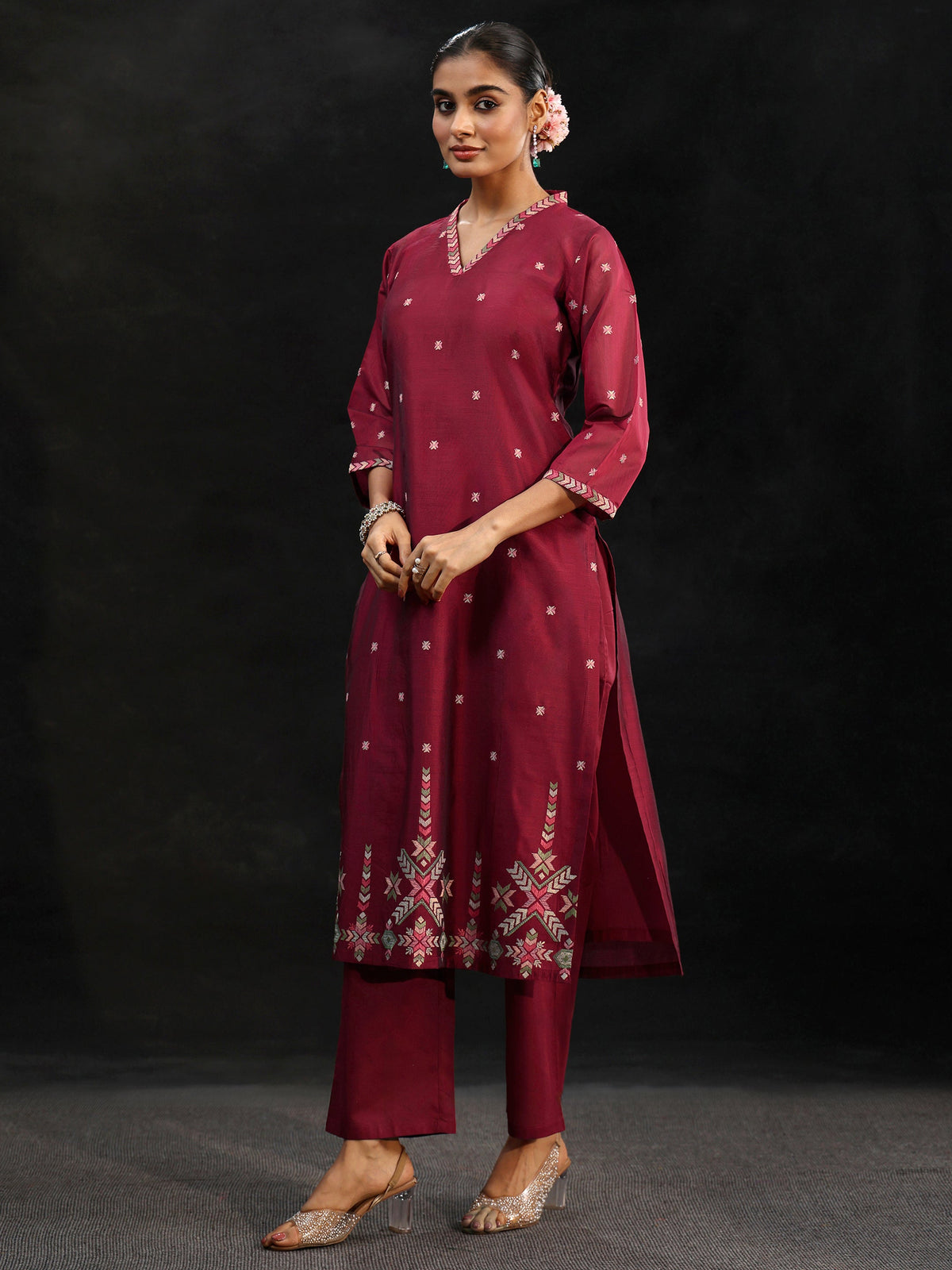 Anouk Maroon Red Embroidered Chanderi Silk Straight Suit Set