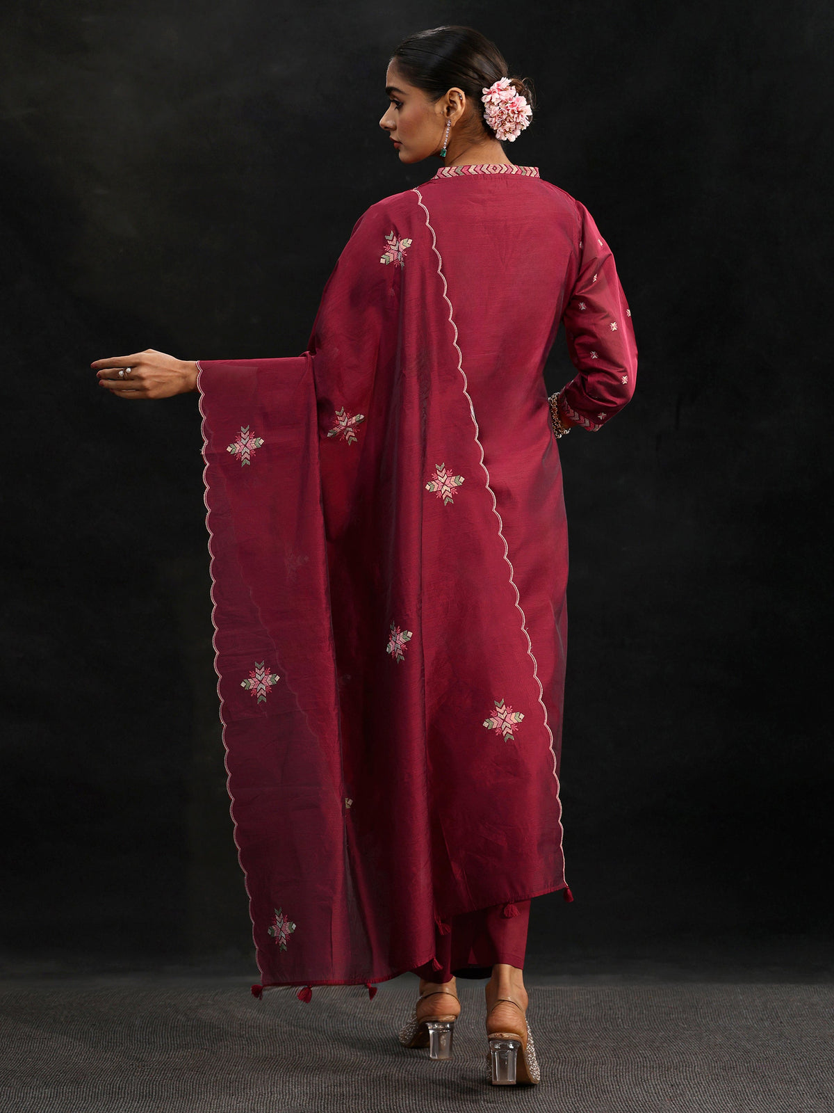 Anouk Maroon Red Embroidered Chanderi Silk Straight Suit Set