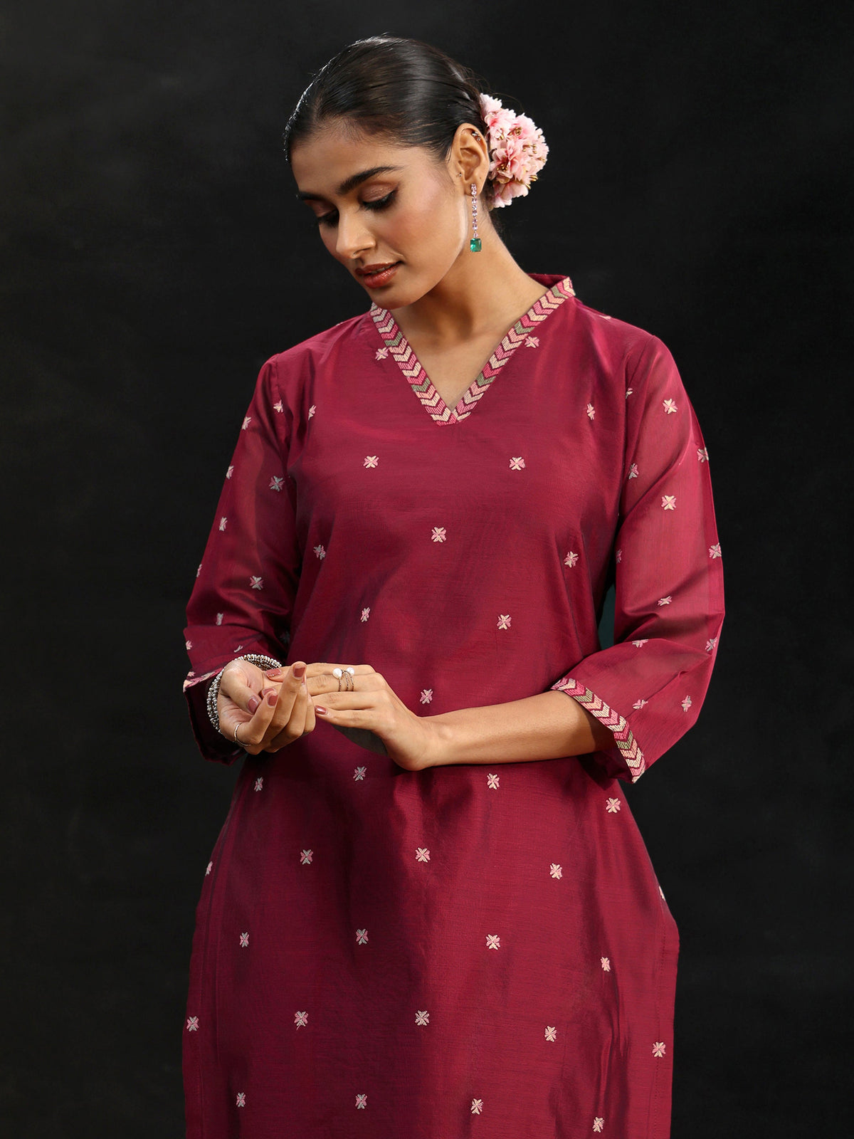 Anouk Maroon Red Embroidered Chanderi Silk Straight Suit Set