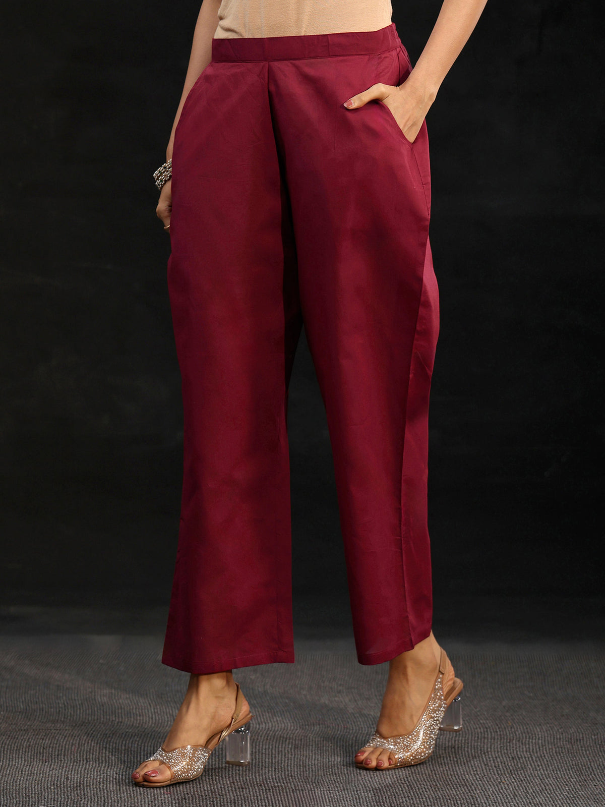 Anouk Maroon Red Embroidered Chanderi Silk Straight Suit Set