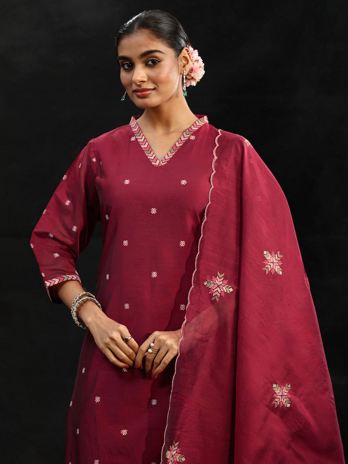 Anouk Maroon Red Embroidered Chanderi Silk Straight Suit Set