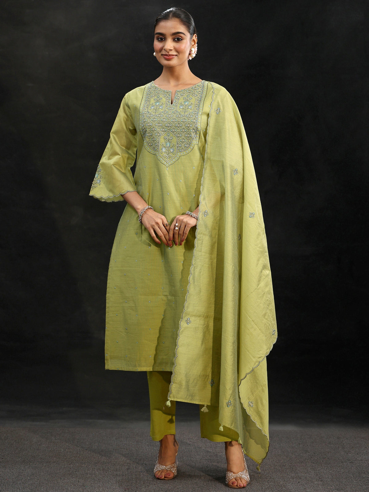 Anouk Pista Green Yoke Embroidered Chanderi Silk Straight Suit Set