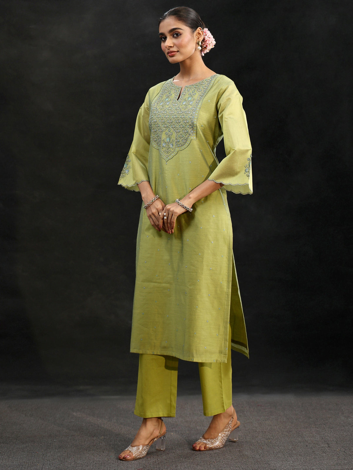 Anouk Pista Green Yoke Embroidered Chanderi Silk Straight Suit Set