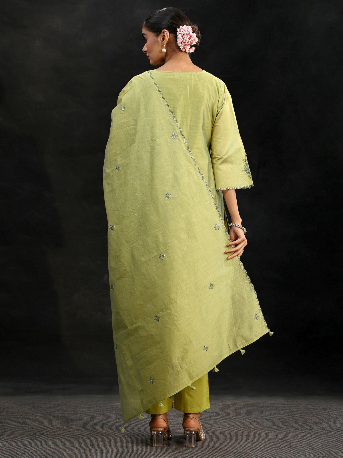 Anouk Pista Green Yoke Embroidered Chanderi Silk Straight Suit Set