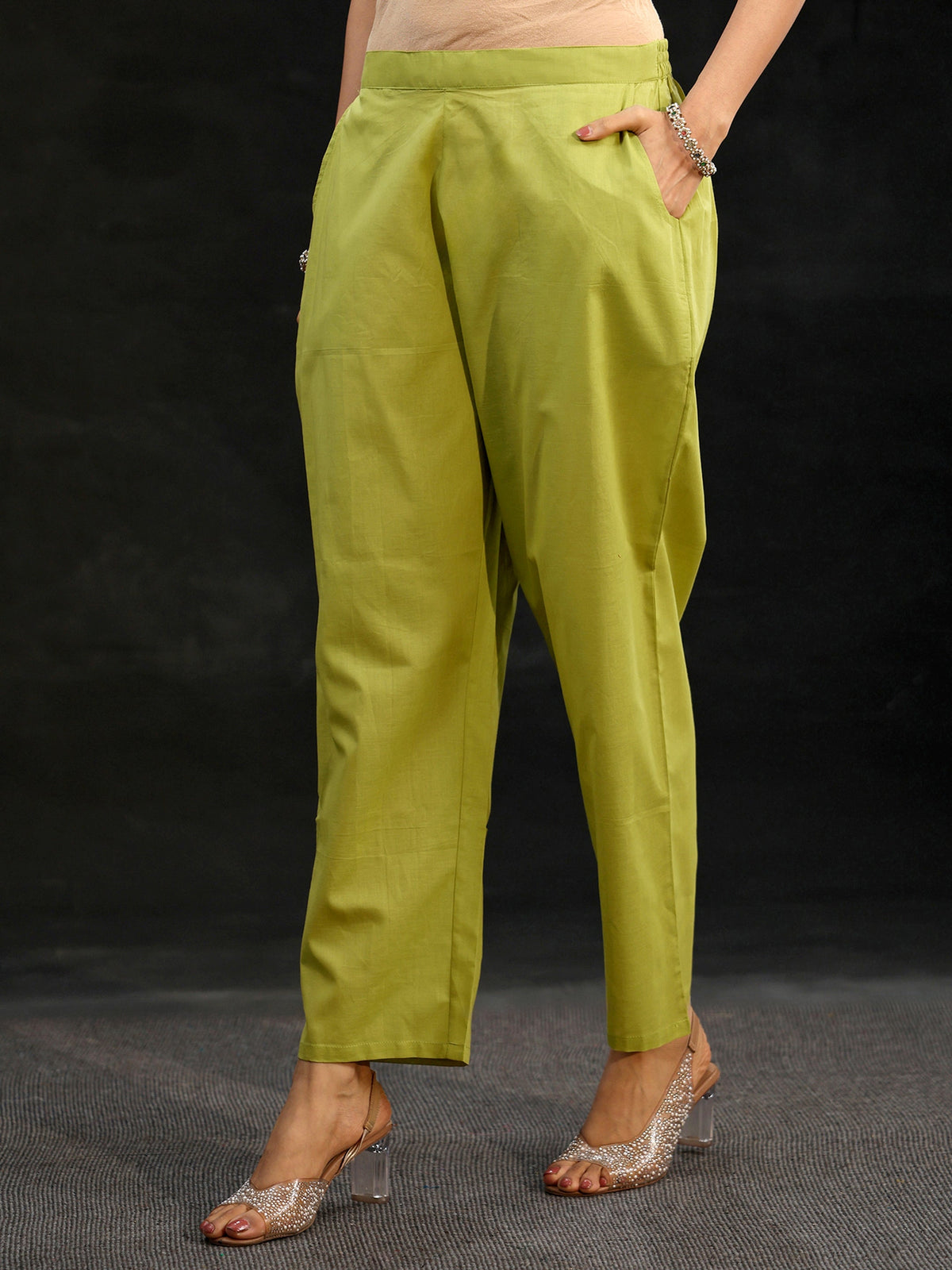 Anouk Pista Green Yoke Embroidered Chanderi Silk Straight Suit Set
