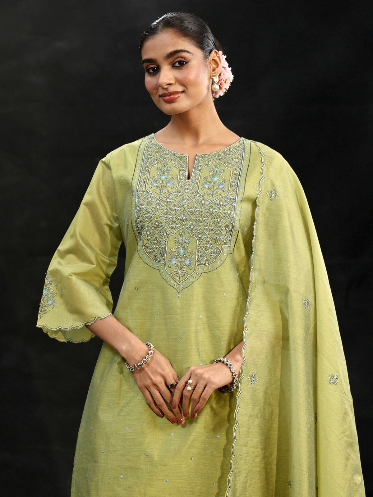 Anouk Pista Green Yoke Embroidered Chanderi Silk Straight Suit Set