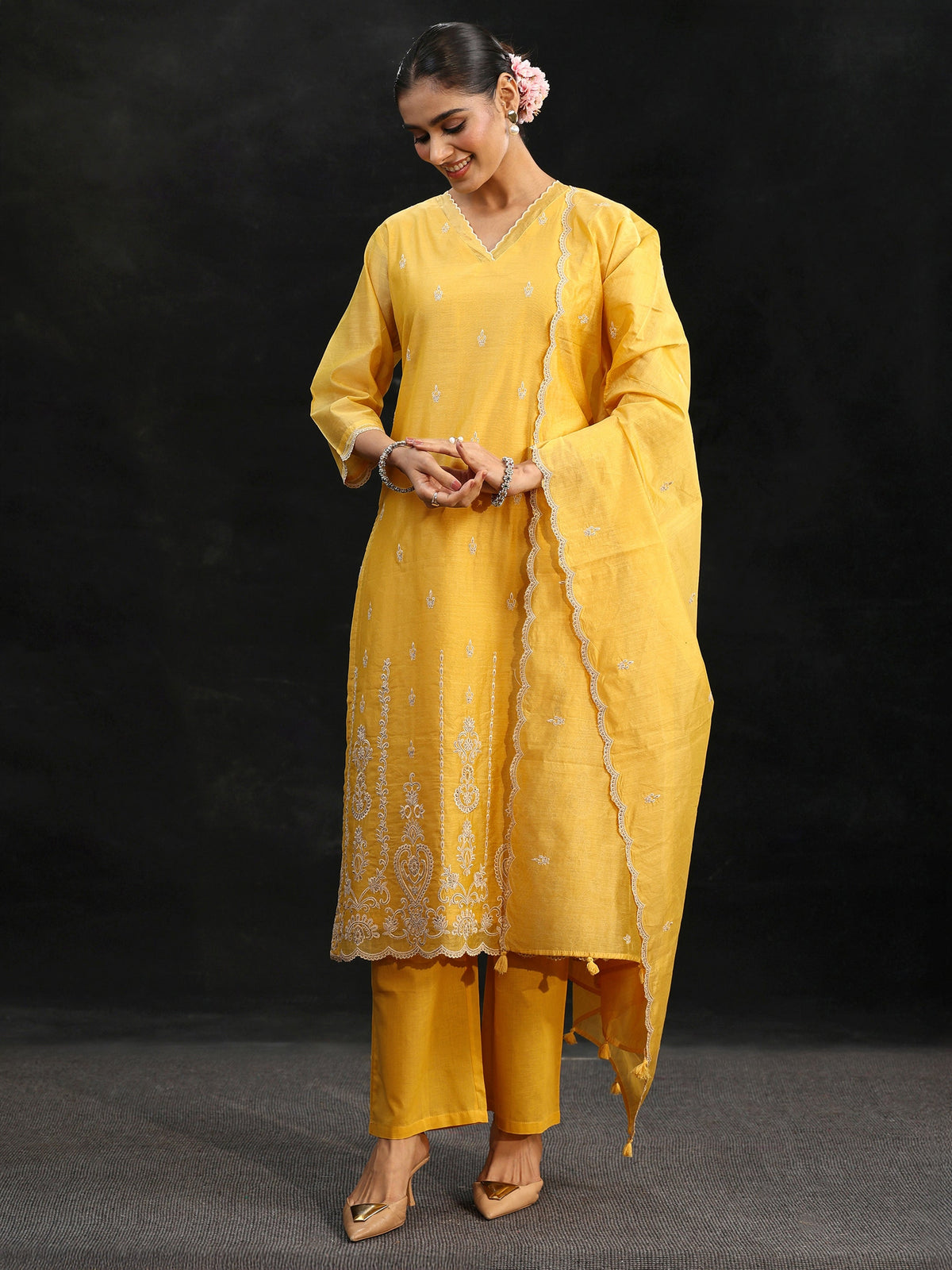 Anouk Sunshine Yellow Embroidered Chanderi Silk Straight Suit Set
