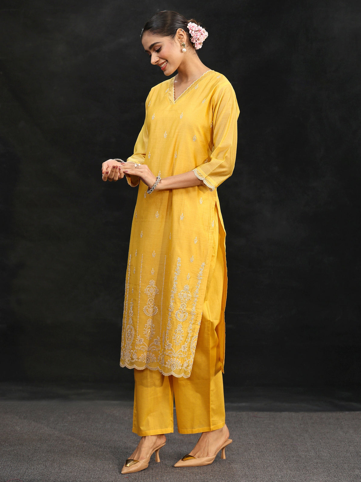 Anouk Sunshine Yellow Embroidered Chanderi Silk Straight Suit Set