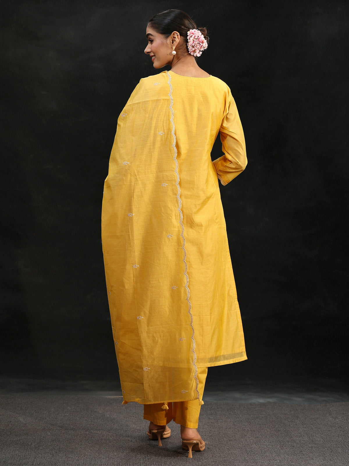 Anouk Sunshine Yellow Embroidered Chanderi Silk Straight Suit Set