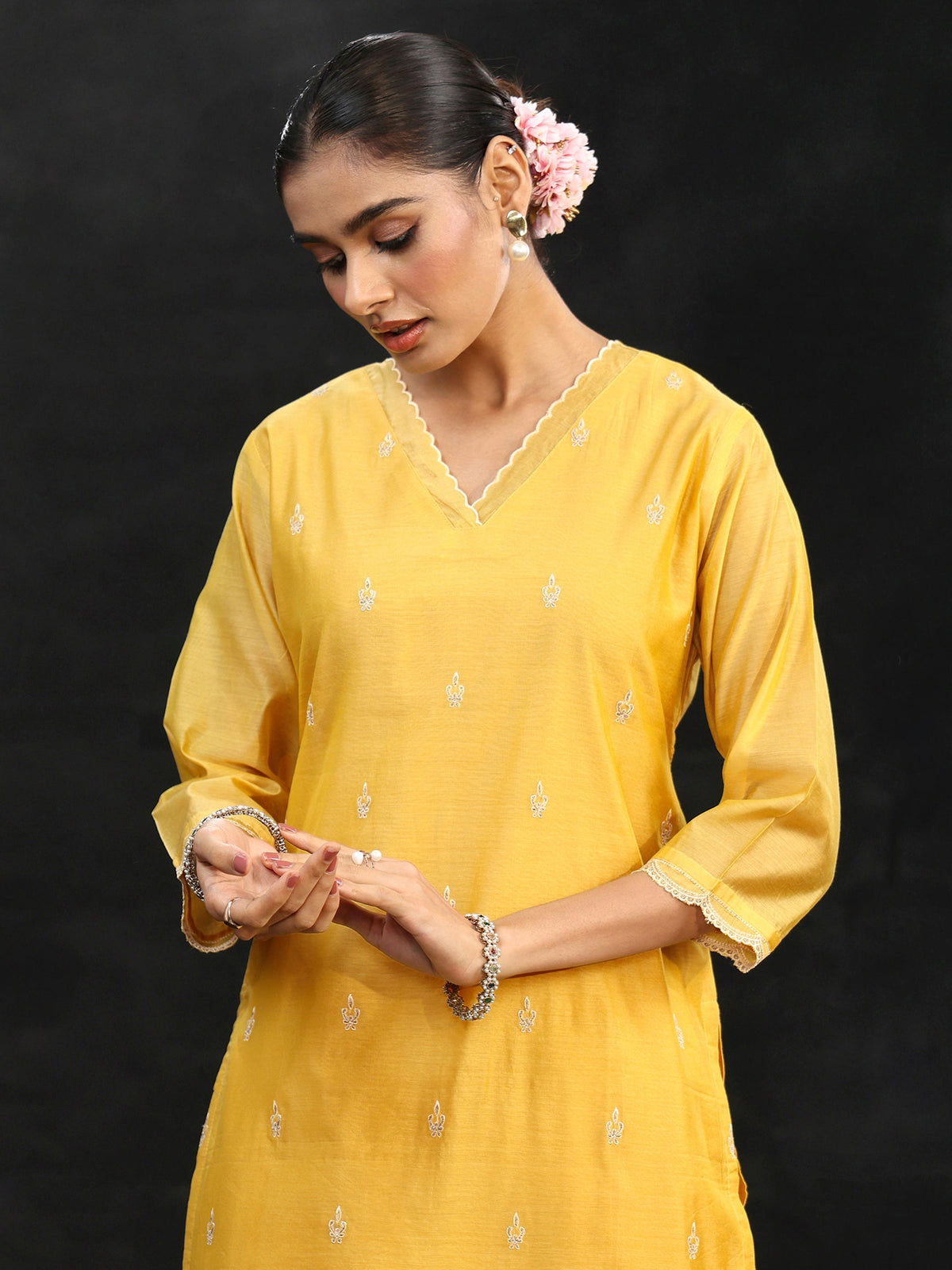Anouk Sunshine Yellow Embroidered Chanderi Silk Straight Suit Set