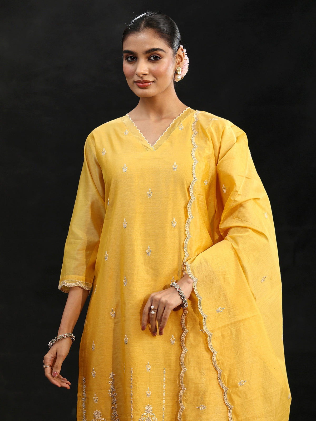 Anouk Sunshine Yellow Embroidered Chanderi Silk Straight Suit Set
