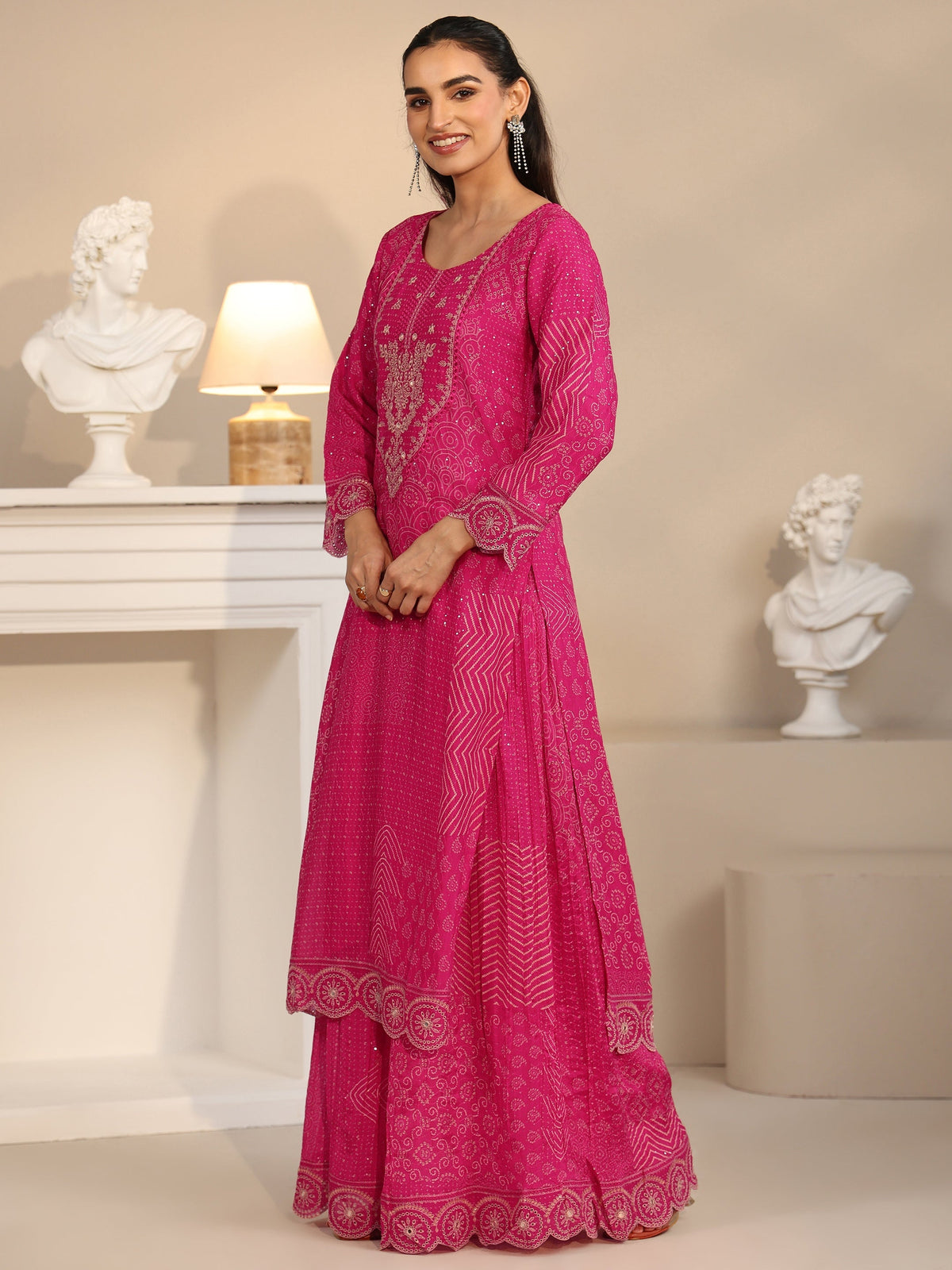 Anouk Art Rani Pink Bandhani Printed Chinon Palazzo Suit Set