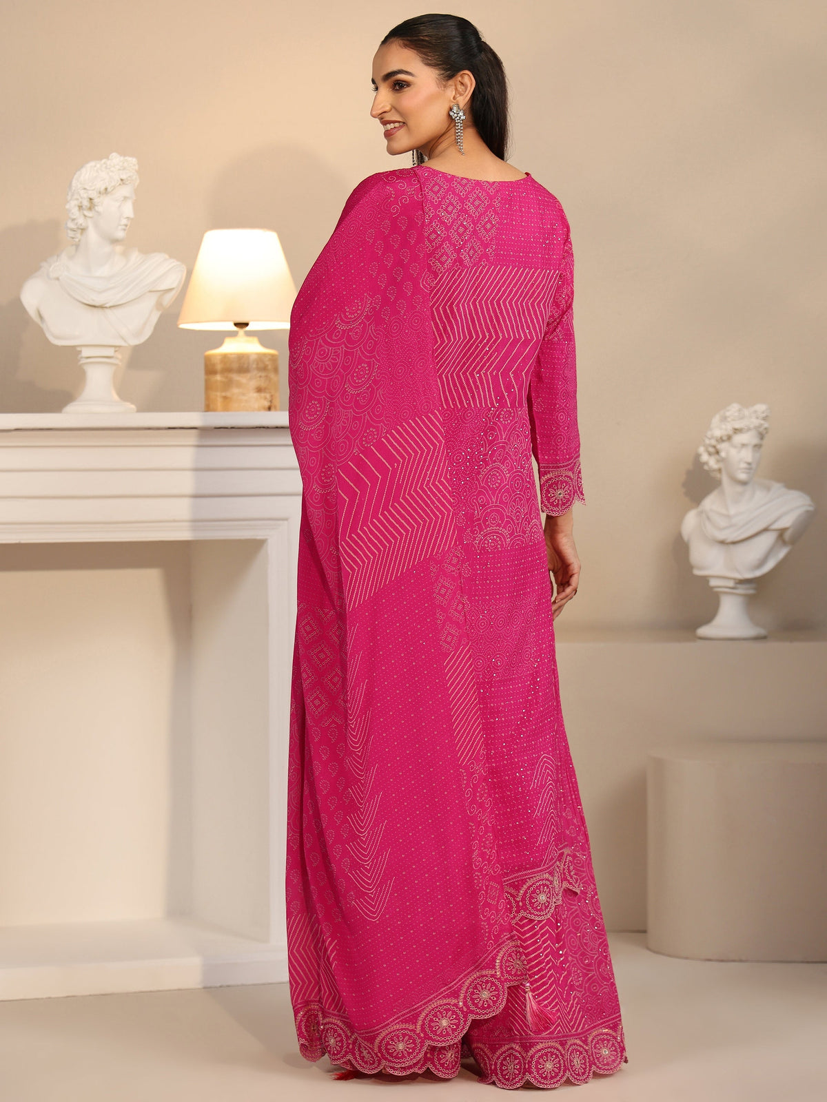 Anouk Art Rani Pink Bandhani Printed Chinon Palazzo Suit Set