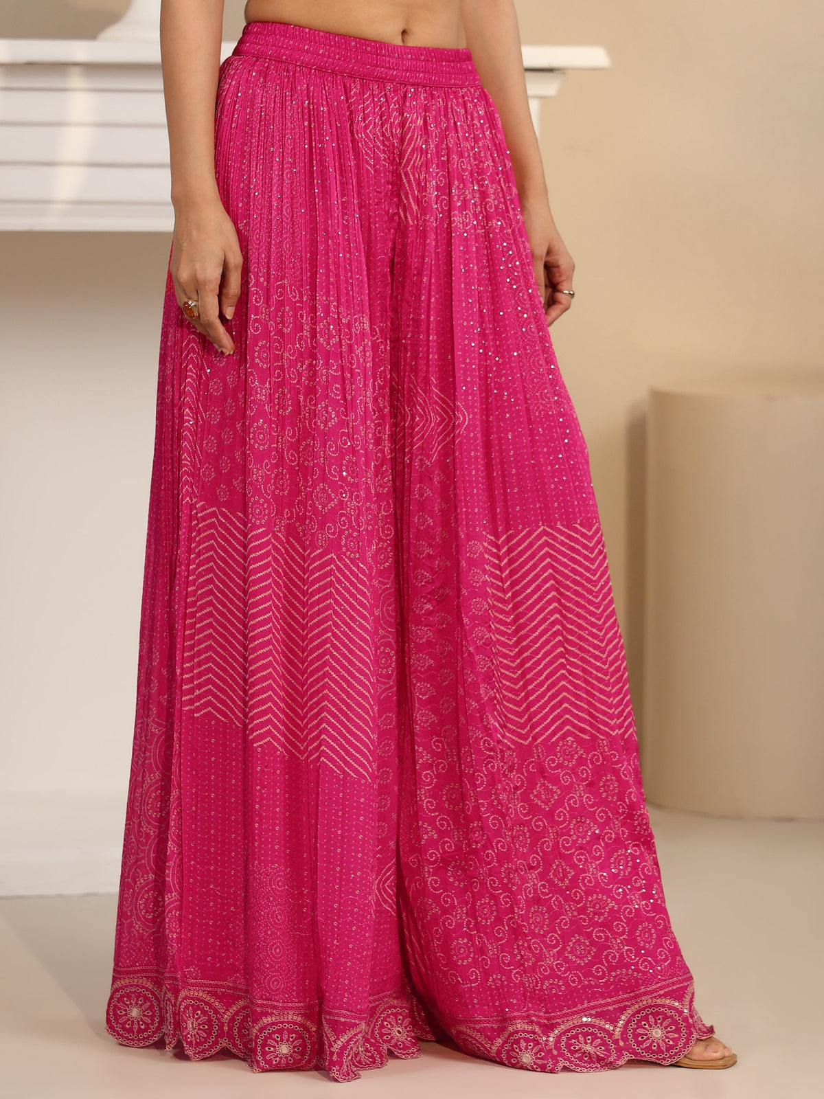 Anouk Art Rani Pink Bandhani Printed Chinon Palazzo Suit Set