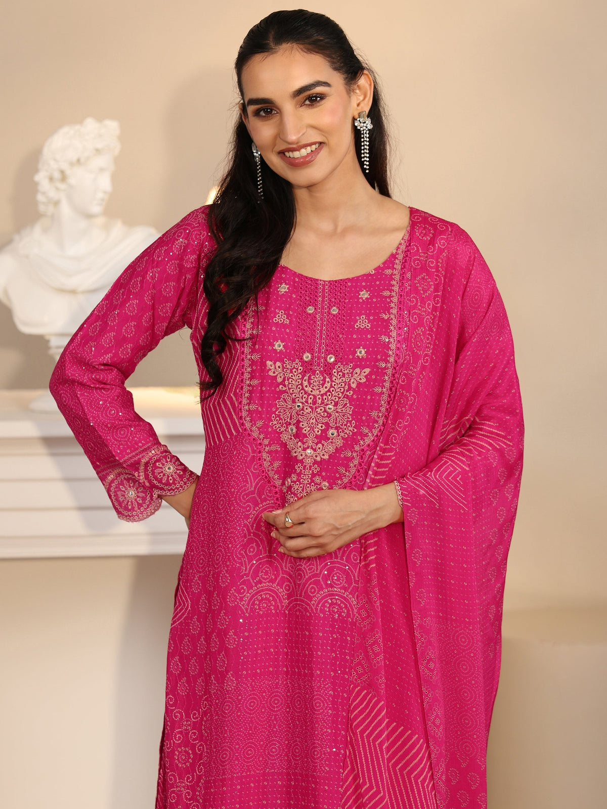 Anouk Art Rani Pink Bandhani Printed Chinon Palazzo Suit Set