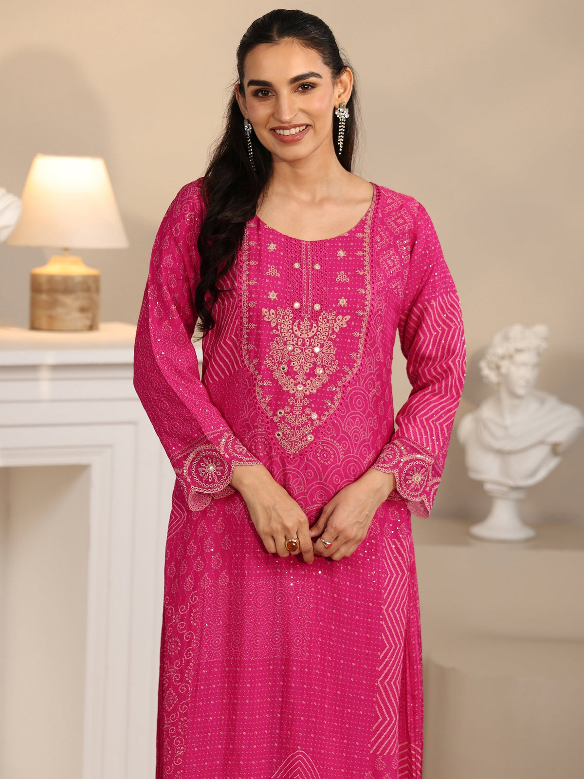 Anouk Art Rani Pink Bandhani Printed Chinon Palazzo Suit Set