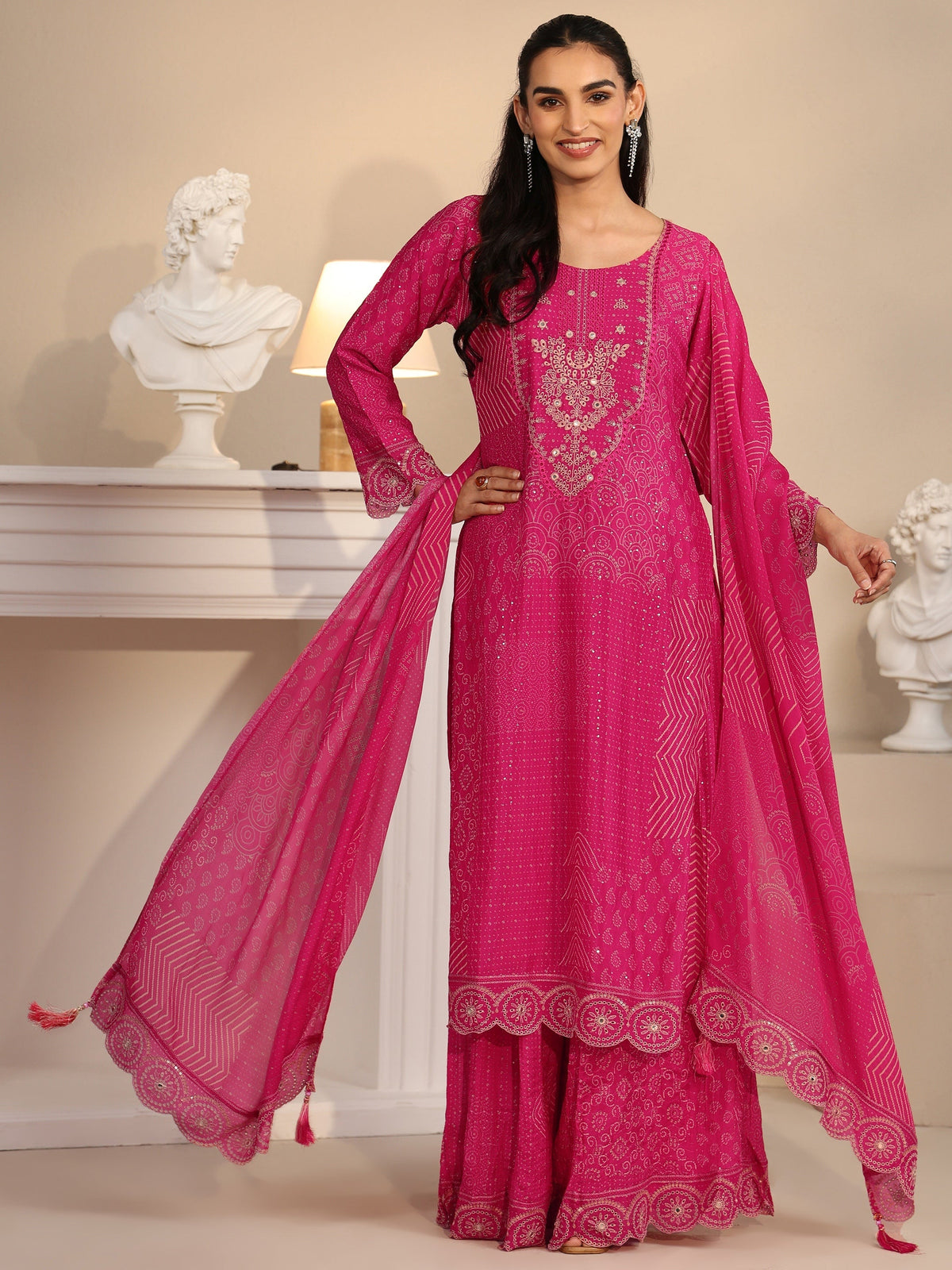 Anouk Art Rani Pink Bandhani Printed Chinon Palazzo Suit Set