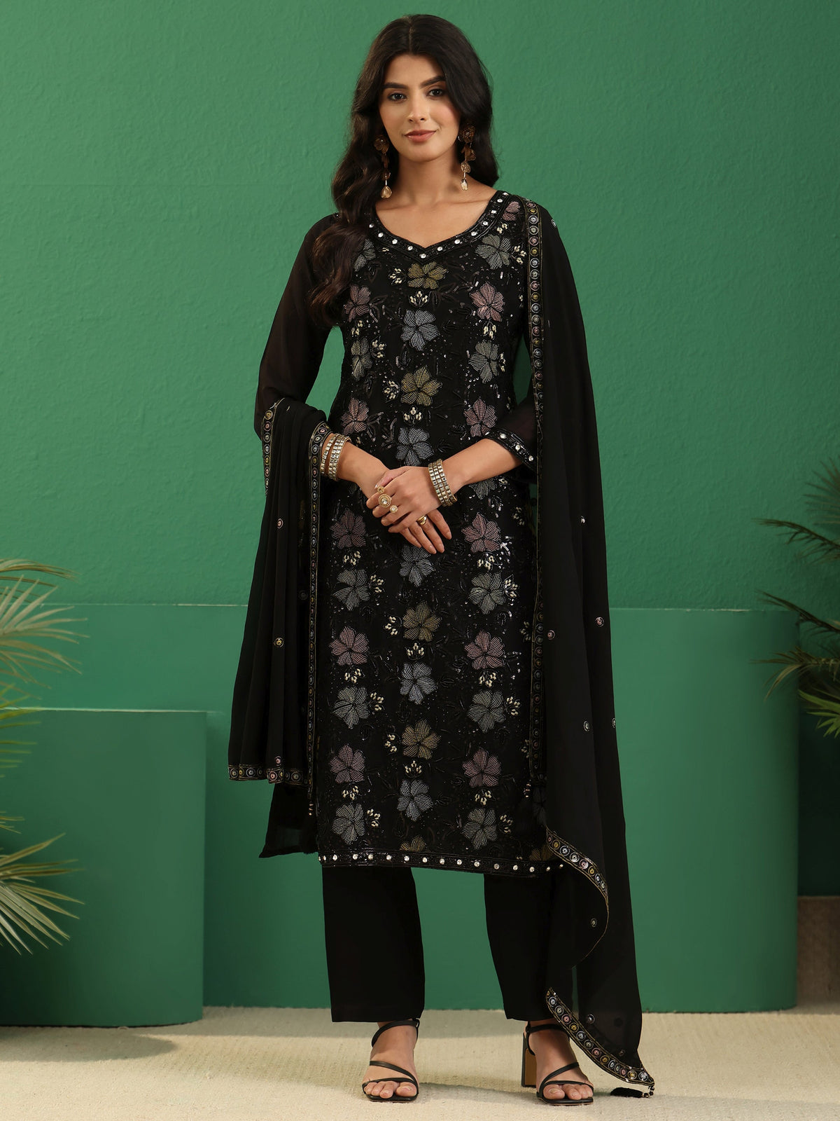 Anouk Art Black Floral Embellished Georgette Straight Suit Set
