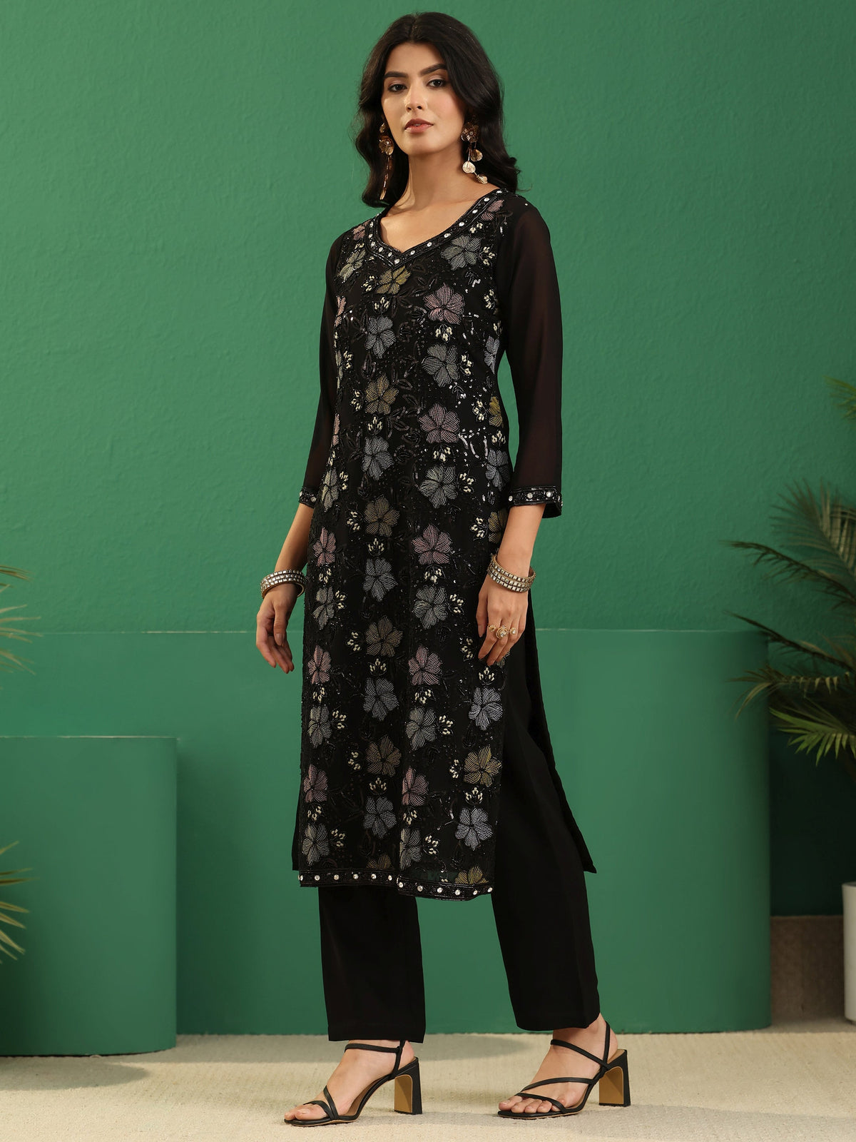 Anouk Art Black Floral Embellished Georgette Straight Suit Set