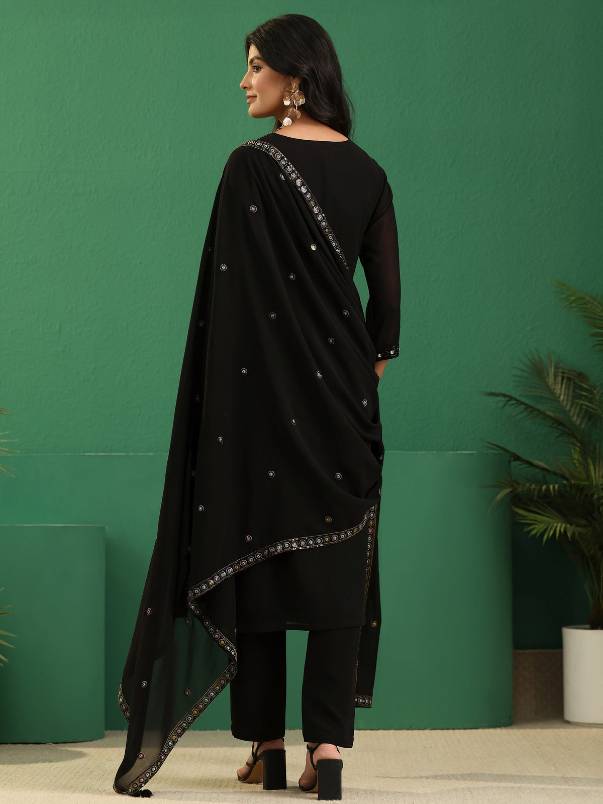 Anouk Art Black Floral Embellished Georgette Straight Suit Set