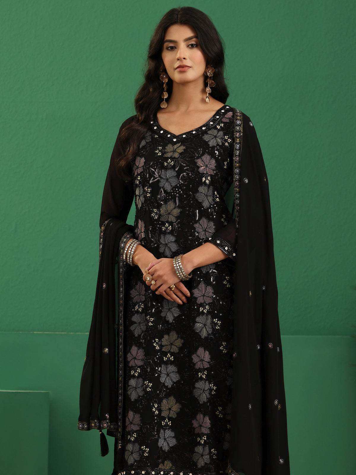Anouk Art Black Floral Embellished Georgette Straight Suit Set