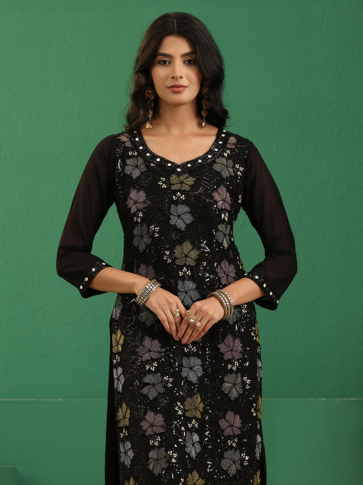 Anouk Art Black Floral Embellished Georgette Straight Suit Set