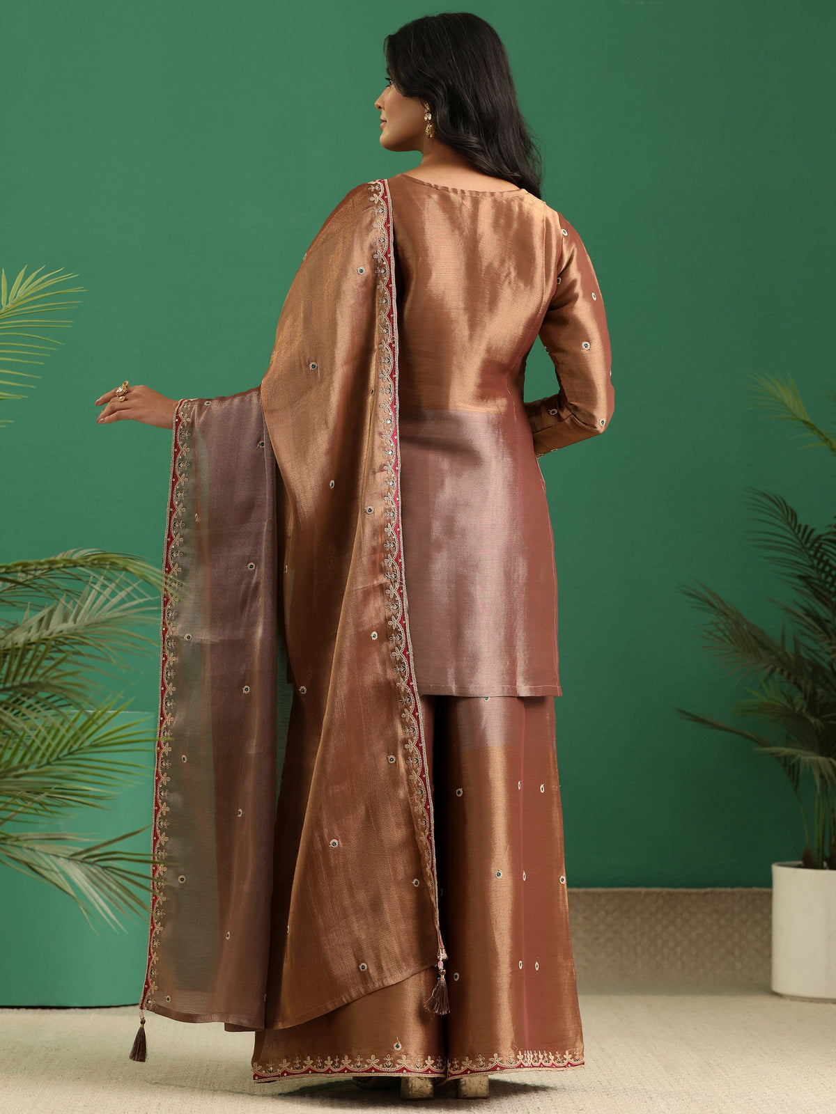 Anouk Art Brown Floral Embellished Silk Blend Palazzo Suit Set