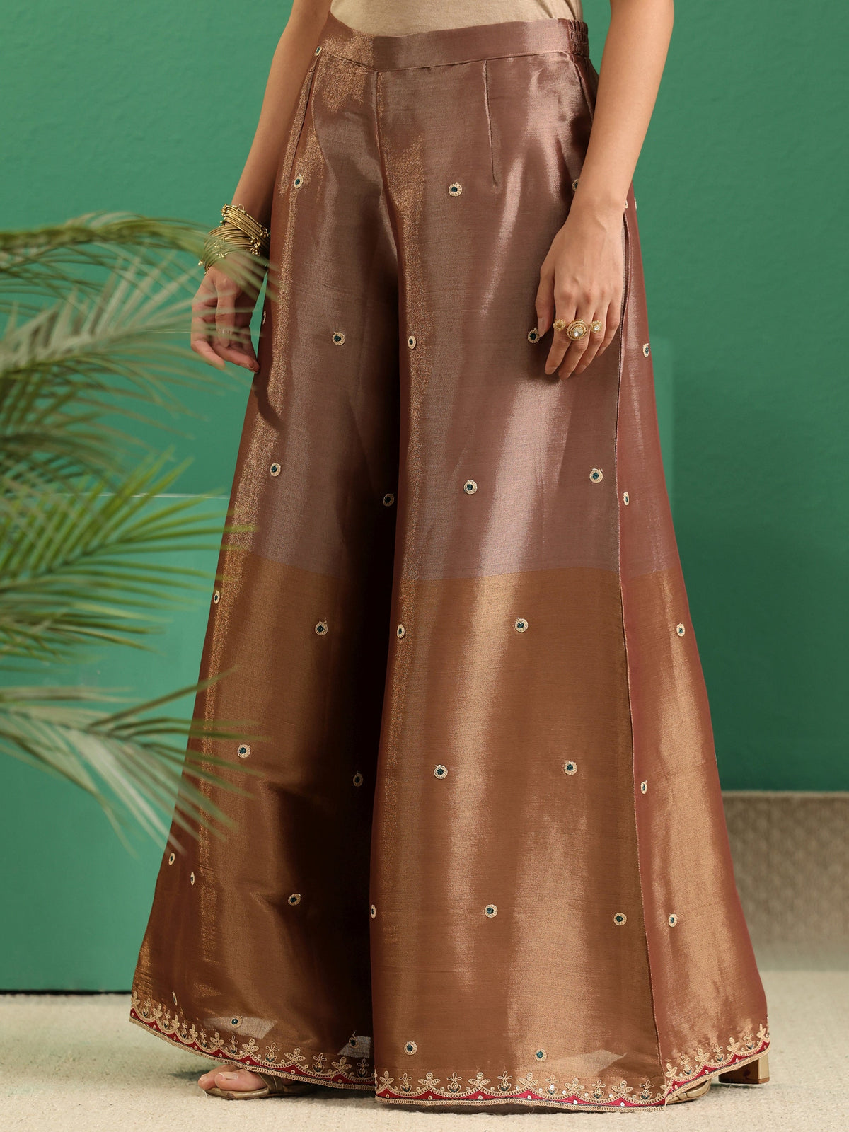 Anouk Art Brown Floral Embellished Silk Blend Palazzo Suit Set