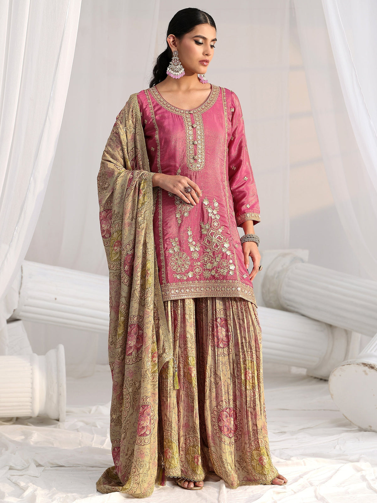 Anouk Art Pink Floral Embellished Kurta With Crinkled Palazzo Suit Set