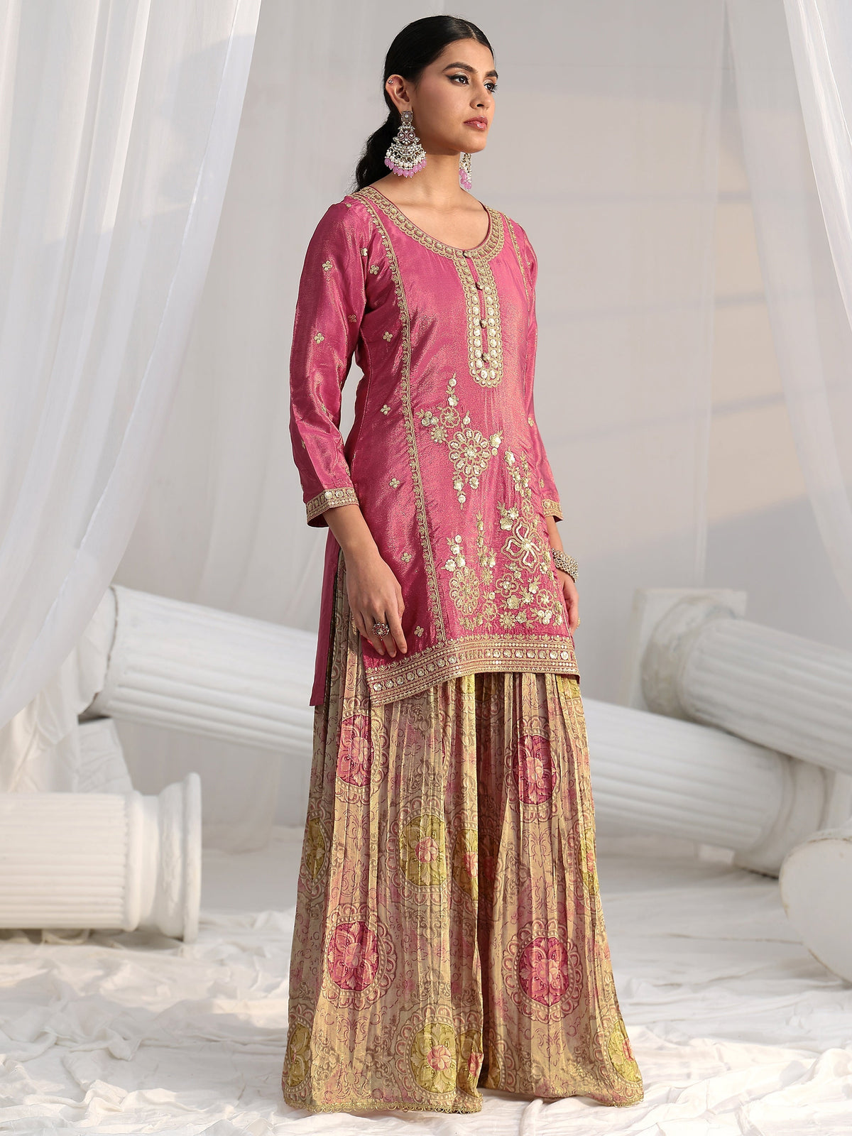 Anouk Art Pink Floral Embellished Kurta With Crinkled Palazzo Suit Set