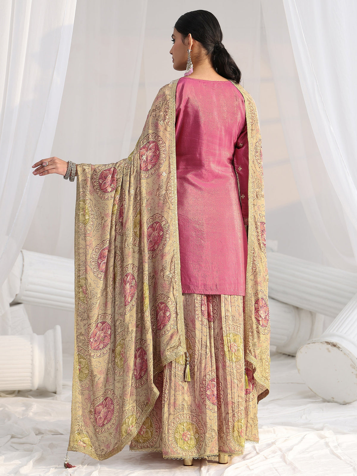 Anouk Art Pink Floral Embellished Kurta With Crinkled Palazzo Suit Set
