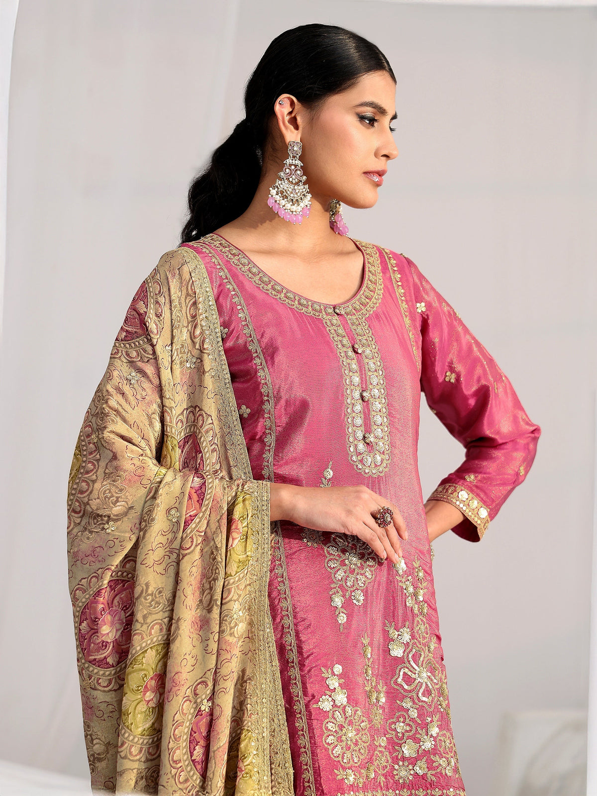 Anouk Art Pink Floral Embellished Kurta With Crinkled Palazzo Suit Set