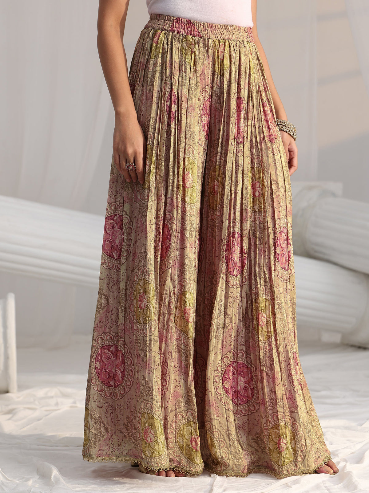 Anouk Art Pink Floral Embellished Kurta With Crinkled Palazzo Suit Set