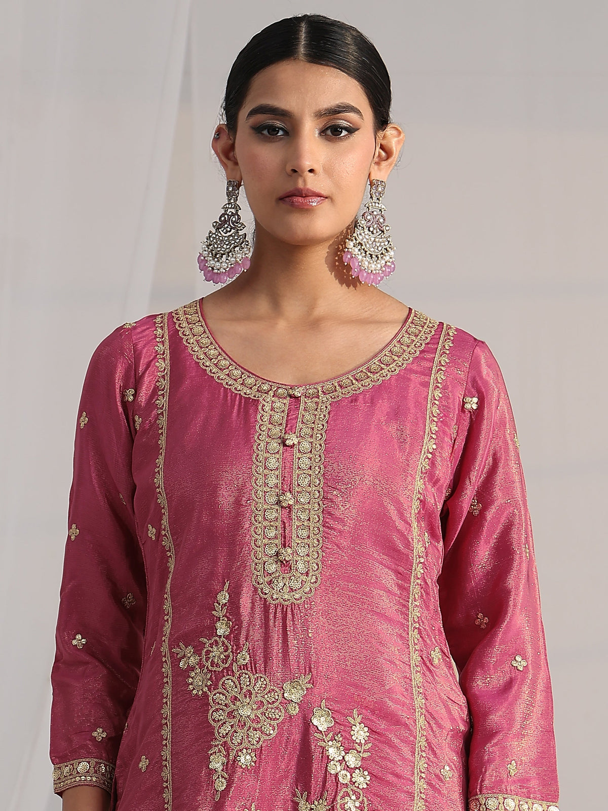 Anouk Art Pink Floral Embellished Kurta With Crinkled Palazzo Suit Set