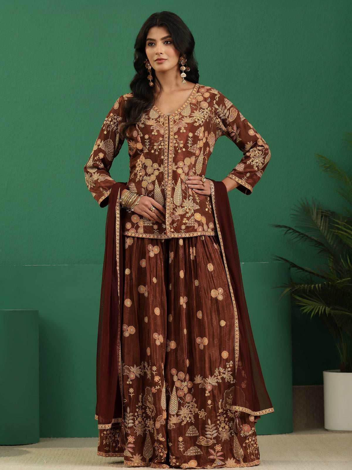 Anouk Art Brown Floral Embroidered Silk Blend Sharara Suit Set