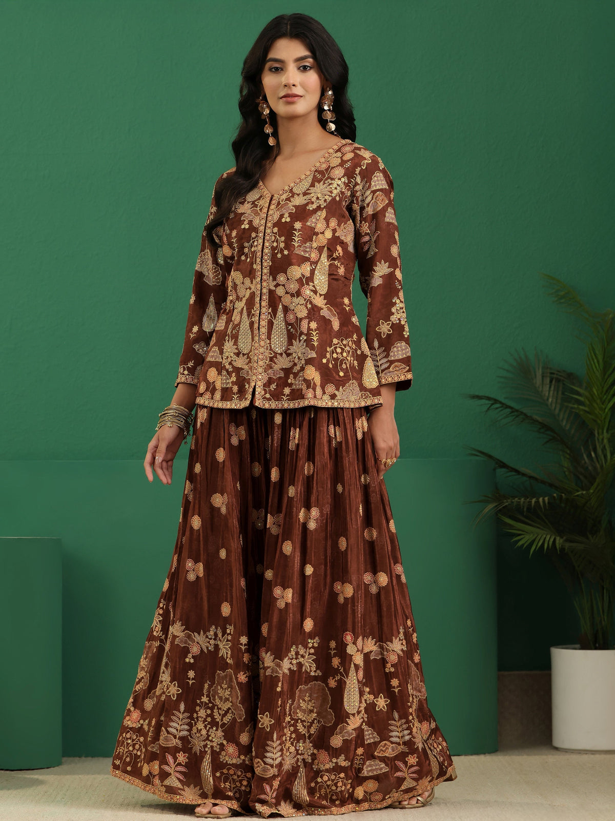 Anouk Art Brown Floral Embroidered Silk Blend Sharara Suit Set