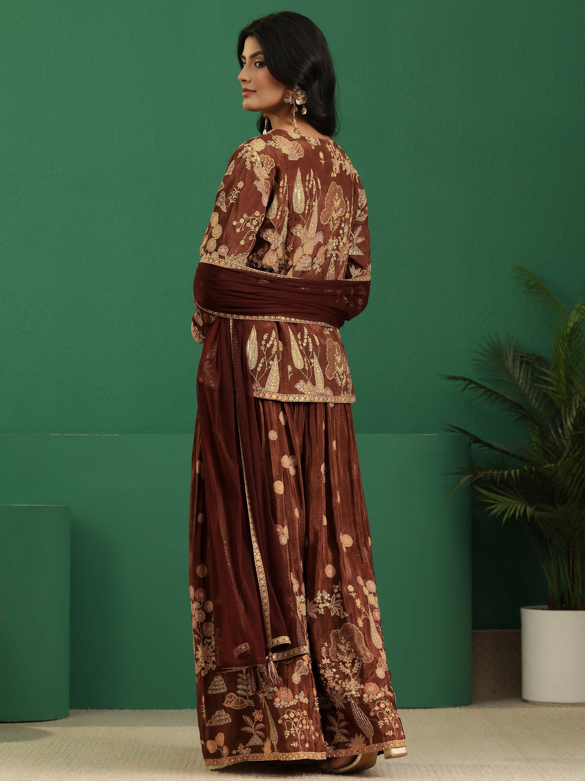 Anouk Art Brown Floral Embroidered Silk Blend Sharara Suit Set