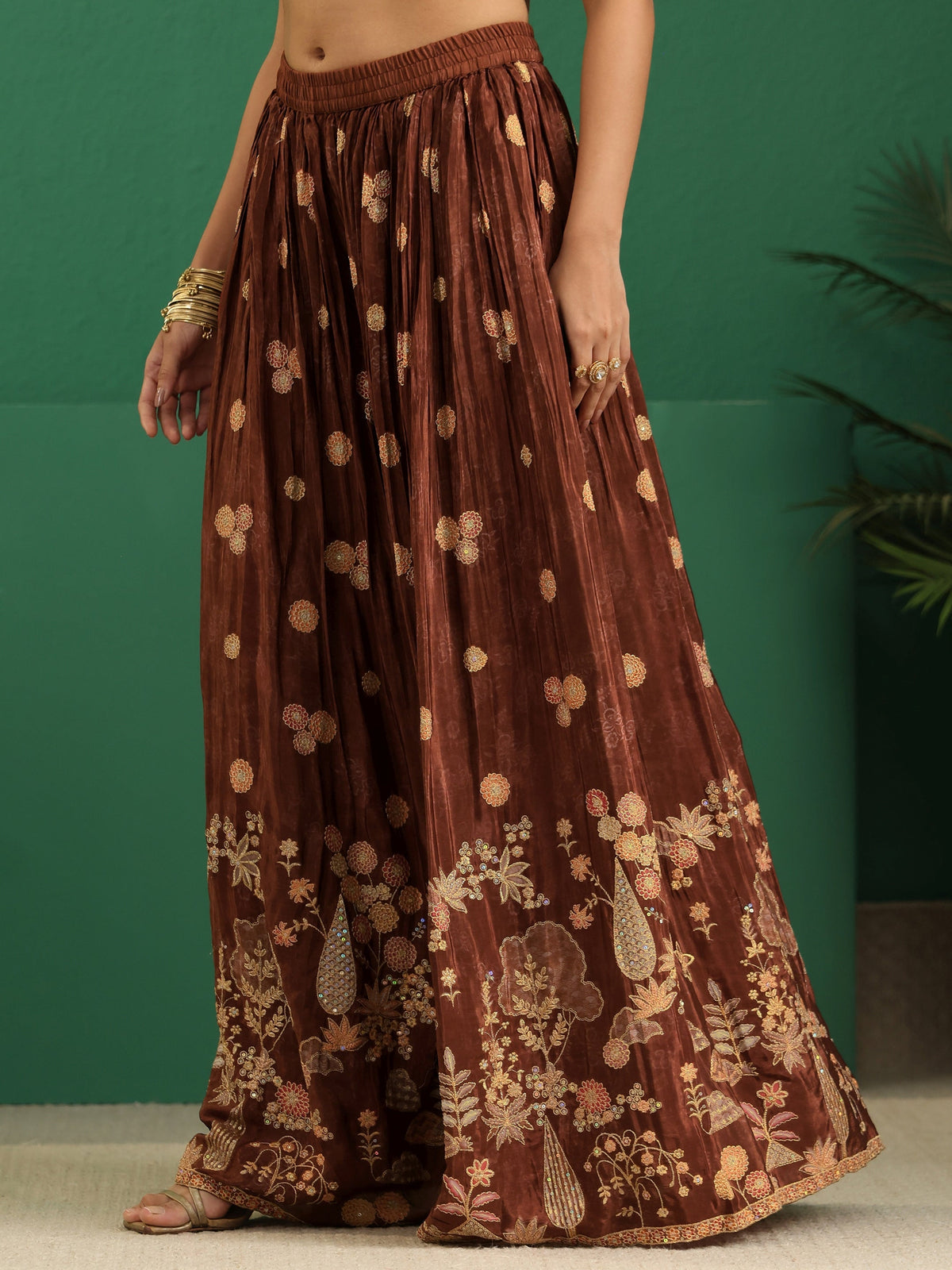 Anouk Art Brown Floral Embroidered Silk Blend Sharara Suit Set